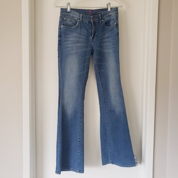 7 for All Mankind A Pocket Flared Jeans Size 14 Studs Mid Blue Stretch - Picture 1 of 11